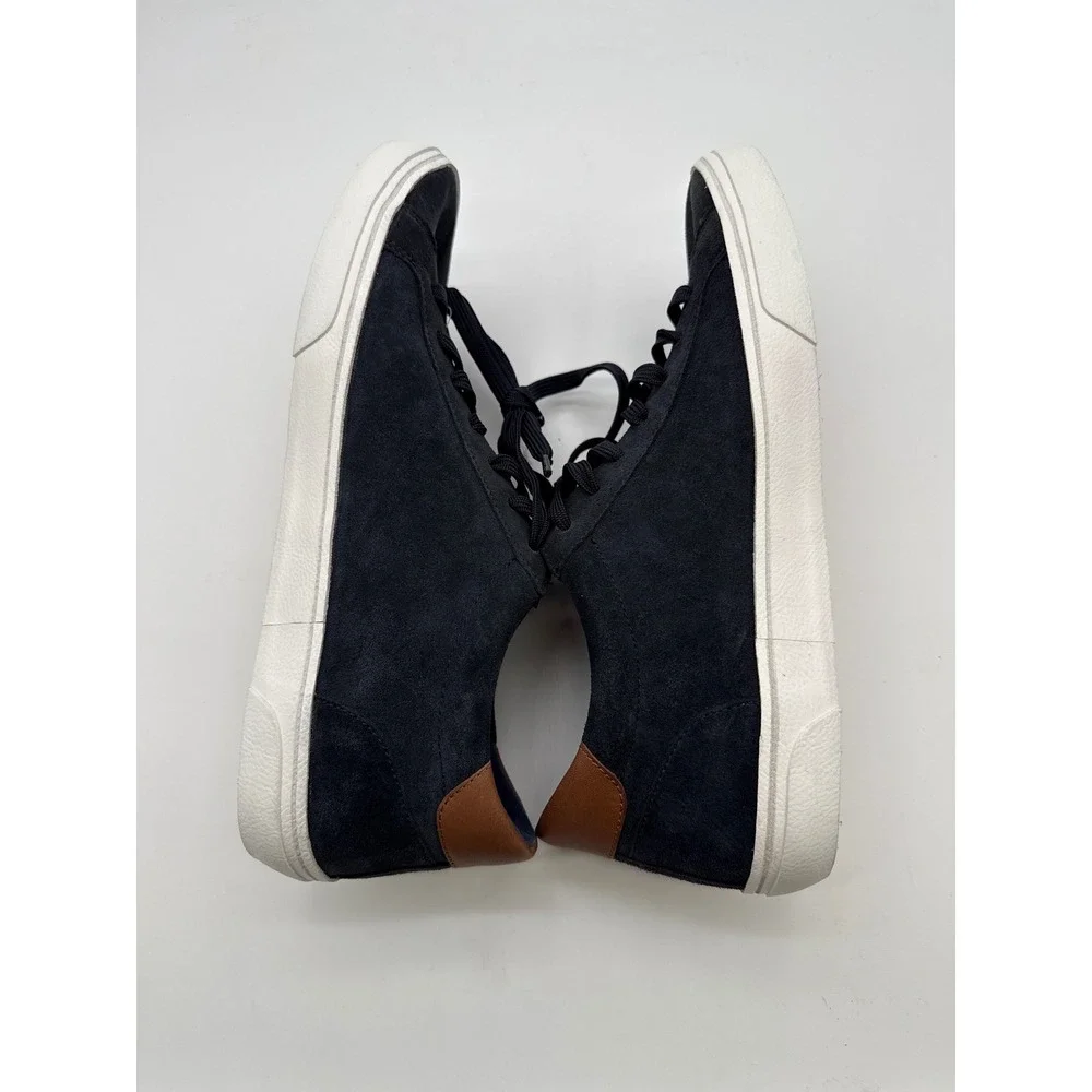 Vince Mens Suede Low Top Sneakers Navy Blue Brown Leather Trim Lace Up Shoes
